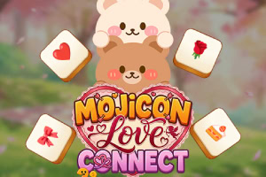 하트와 장미, 리본 등의 아이콘이 있는 흰색 타일들이 떠 있고, 귀여운 곰 얼굴 일러스트 위에 ‘MAJICON Love CONNECT’ 로고가 중앙에 배치된 파스텔 배경 이미지
