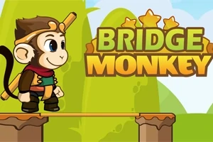 원숭이 캐릭터가 나무 다리를 건너고 있고, BRIDGE MONKEY라는 글자가 있는 만화 스타일의 이미지