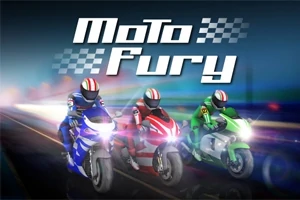 세 대의 오토바이가 빠르게 도로를 달리며 상단에는 Moto Fury라는 텍스트가 있는 이미지