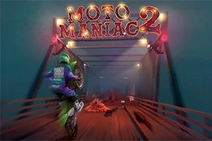 오토바이를 탄 인물이 다리를 건너고 있으며 위쪽에 MOTO MANIAC 2라는 표지판이 보인다
