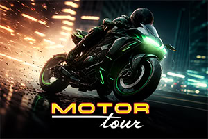 불꽃이 튀는 야간 도로를 질주하는 초록빛 네온 장식의 스포츠 오토바이와 ‘MOTOR tour’ 로고