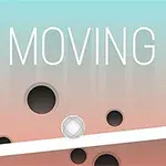 파란색과 분홍색 배경 위에 움직이는 흰색 선과 공, MOVING UP이라는 글자가 있는 이미지