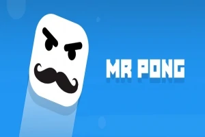 흰색 사각형 얼굴에 검은 수염과 화난 눈썹이 그려져 있으며, 옆에 MR PONG이라는 텍스트가 있는 파란색 배경