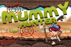 여자 캐릭터가 총을 들고 있으며, MUMMY HUNTER라는 글자가 중앙에 위치해 있는 사막 배경의 이미지