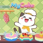빵모자를 쓴 고양이가 다양한 장식의 케이크 앞에서 즐겁게 웃고 있는 이미지