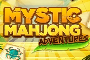 노란색 배경에 MYSTIC MAHJONG ADVENTURES라는 큰 글자가 중앙에 있으며, 하단에는 게 그림이 있는 타일이 보임