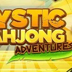 노란색 배경에 MYSTIC MAHJONG ADVENTURES라는 큰 글자가 중앙에 있으며, 하단에는 게 그림이 있는 타일이 보임