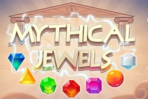 MYTHICAL JEWELS라는 텍스트 배경에 다양한 색상의 보석들이 배열되어 있는 이미지