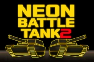 네온 스타일의 전차 두 대와 노란색으로 NEON BATTLE TANK 2라는 글자가 있는 이미지