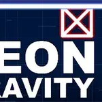 파란색 네온 상자와 빨간색 네온 엑스 기호가 있는 NEON GRAVITY 텍스트 이미지