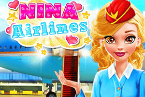 비행기 앞에 서 있는 스튜어디스 복장을 한 금발 여성과 화려한 글씨로 NINA Airlines라는 텍스트가 있는 이미지