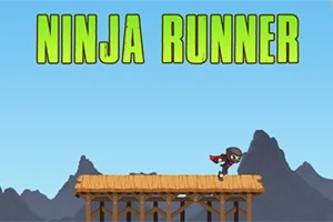 닌자가 나무 다리 위를 달리는 모습과 NINJA RUNNER라는 글자가 있는 이미지