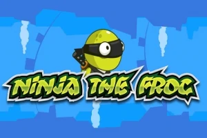 초록색 닌자 개구리 캐릭터와 NINJA THE FROG 텍스트가 파란 배경 위에 있는 이미지