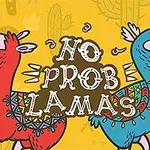 두 마리의 알록달록한 라마가 장식된 옷을 입고 서로 등을 맞대고 있으며, 가운데에는 No Prob Lamas라는 문구가 적혀 있다