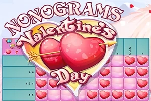 밝은 배경에 화살이 관통한 두 개의 붉은 하트와 그 위에 NONOGRAMS Valentines Day라는 텍스트가 있는 이미지