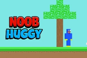 파란색 캐릭터가 픽셀 스타일의 나무 옆에 서 있고, 왼쪽에 NOOB HUGGY라는 빨간색 및 파란색 텍스트가 있는 이미지