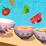 다양한 재료와 함께 세 개의 그릇에 담긴 요리가 놓여 있는 장면