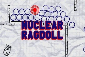 빨간 표적과 파란 공들이 있는 격자 무늬 배경에 NUCLEAR RAGDOLL이라는 텍스트가 중앙에 있습니다