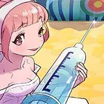 핑크 머리를 가진 천사 소녀가 커다란 주사기를 들고 있는 그림