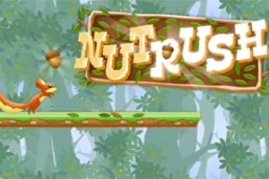 숲 배경에 다람쥐가 나무 조각 위를 달리는 모습과 Nut Rush라는 텍스트가 있는 이미지