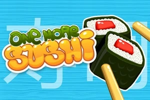 알록달록한 글씨로 ONE MORE SUSHI라고 쓰여 있고 두 개의 초밥이 나무 젓가락 위에 올려져 있는 이미지