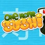 알록달록한 글씨로 ONE MORE SUSHI라고 쓰여 있고 두 개의 초밥이 나무 젓가락 위에 올려져 있는 이미지