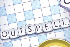 바둑판 모양의 배경 위에 단어 OUTSPELL이 타일 형태로 놓여 있습니다
