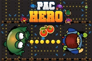 캐릭터와 몬스터가 있는 미로 배경에 PAC HERO라는 텍스트가 있으며 중앙에 두 개의 토마토가 있다