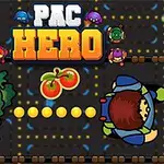 캐릭터와 몬스터가 있는 미로 배경에 PAC HERO라는 텍스트가 있으며 중앙에 두 개의 토마토가 있다