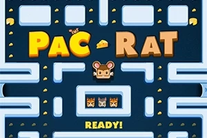 파란 미로 배경에 PAC RAT 텍스트와 쥐 아이콘이 있는 레트로 게임 스타일의 이미지