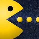 검은색 우주 배경에 노란색 큰 원이 세 개의 작은 노란색 원을 먹으려는 모습