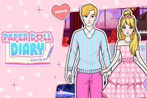 분홍색 하트 배경에 금발 커플 캐릭터가 서 있고 ‘PAPER DOLL DIARY’ 로고와 메이크업 아이콘이 있는 일러스트