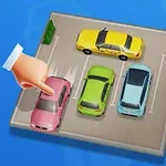 손가락이 주차된 여러 대의 자동차 중 분홍색 자동차를 가리키고 있는 장면