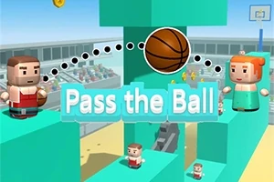 블록 모양의 캐릭터들이 코트에서 농구공을 주고받는 장면과 Pass the Ball라는 문구