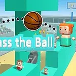 블록 모양의 캐릭터들이 코트에서 농구공을 주고받는 장면과 Pass the Ball라는 문구