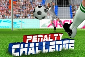 축구 경기장에서 골키퍼가 공을 막으려 하고 있으며, PENALTY CHALLENGE라는 글자가 전경에 있습니다