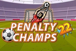 골키퍼가 축구공을 막으려 뛰어오르는 이미지, 중앙에 PENALTY CHAMPS 22 텍스트가 있음