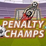 골키퍼가 축구공을 막으려 뛰어오르는 이미지, 중앙에 PENALTY CHAMPS 22 텍스트가 있음