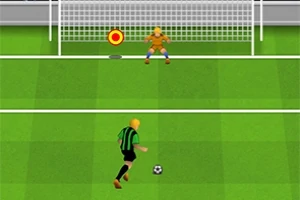 축구 경기에서 녹색과 검은색 유니폼을 입은 선수가 골키퍼를 향해 페널티킥을 준비하는 모습