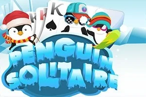펭귄들이 겨울 장식을 하고 있는 카드와 눈으로 장식된 Penguin Solitaire라는 얼음 텍스트가 있는 이미지