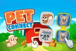 파란 하늘 아래 빨간 헛간 앞에 다양한 동물 카드와 PET CONNECT라는 글자가 있는 장면