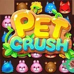알록달록한 동물 얼굴 그림들이 배치된 퍼즐 게임 화면과 PET CRUSH라는 텍스트가 중앙에 위치해 있습니다