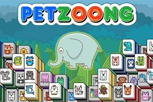 다양한 동물 아이콘이 그려진 타일이 쌓여 있고, 상단에는 아기 코끼리와 PETZOONG라는 알록달록한 글자가 있는 이미지