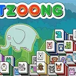 다양한 동물 아이콘이 그려진 타일이 쌓여 있고, 상단에는 아기 코끼리와 PETZOONG라는 알록달록한 글자가 있는 이미지