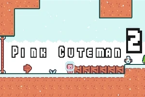 핑크색 캐릭터가 픽셀 스타일의 플랫폼 위에 서 있고 Pink Cuteman 2라는 글자가 화면에 나타나 있다