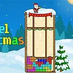 산타클로스가 전통적인 퍼즐 블록이 쌓인 탑 위에 서 있는 픽셀 스타일의 겨울 풍경