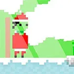 픽셀 아트 스타일로 그려진 산타 옷을 입은 녹색 캐릭터와 얼음 지형 배경