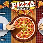 중앙에 피자와 피자 조각들, 양쪽에 서로 다른 색상의 체크무늬 테이블보를 배경으로 두 손이 피자를 향하고 있는 그림
