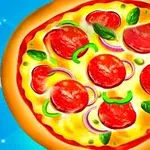 피망, 페퍼로니, 양파, 바질 잎 등이 토핑된 피자의 이미지