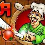 만화 스타일의 요리사가 큰 칼로 토마토를 자르고 있는 모습